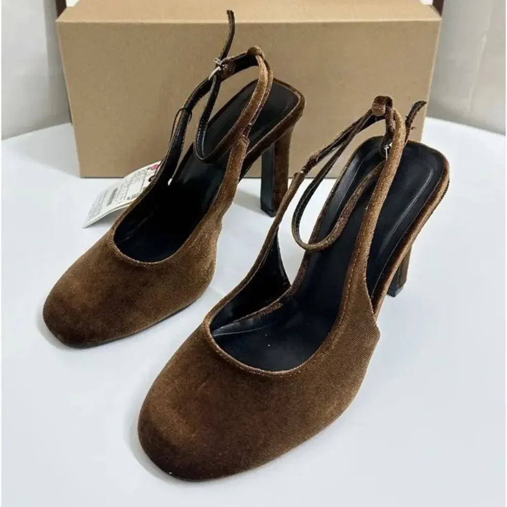 Zara NWT Brown Ocher Velvet Ankle Strap Rounded Toe High Heel Pumps 8 - Picture 11 of 16